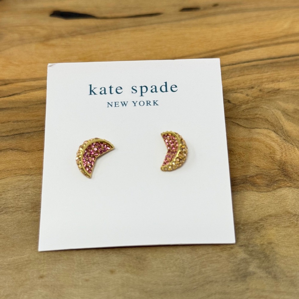 Kate Spade Pave Crystal Crescent Stud Earrings Pink Gold Celestial Whimsical